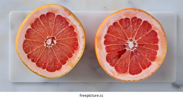 Two Halves of a Pink Grapefruit on a White Cutting Board