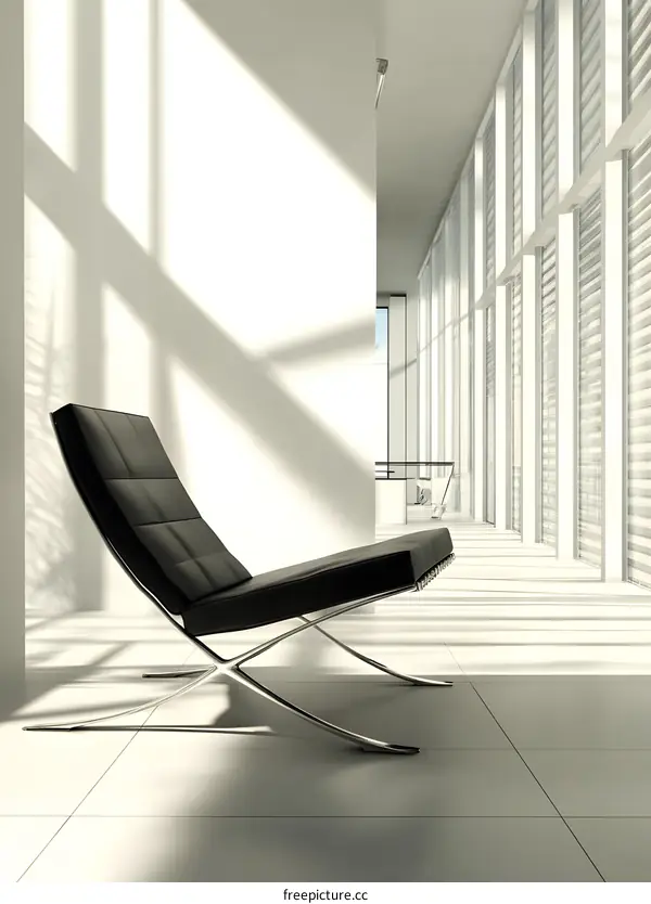 Modern Minimalist Interior Design with Black Leather Chair in White Room