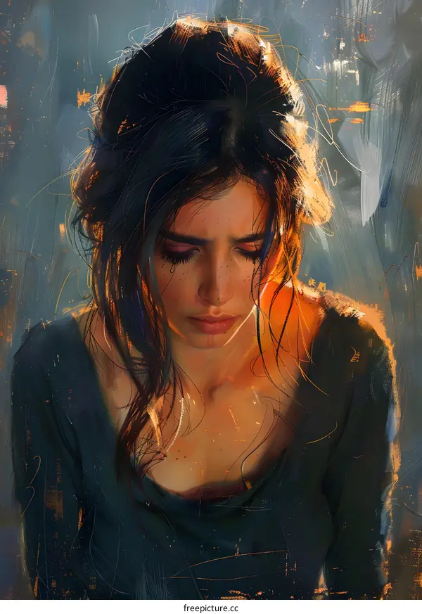 Sad Woman with Long Hair Looking Down