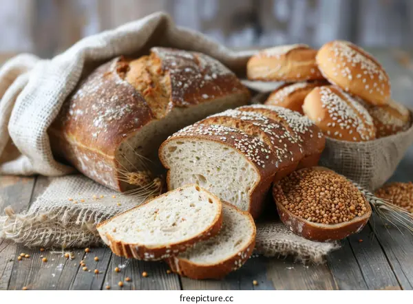 Loaf of freshly baked bread with sesame seeds and a basket of bread rolls