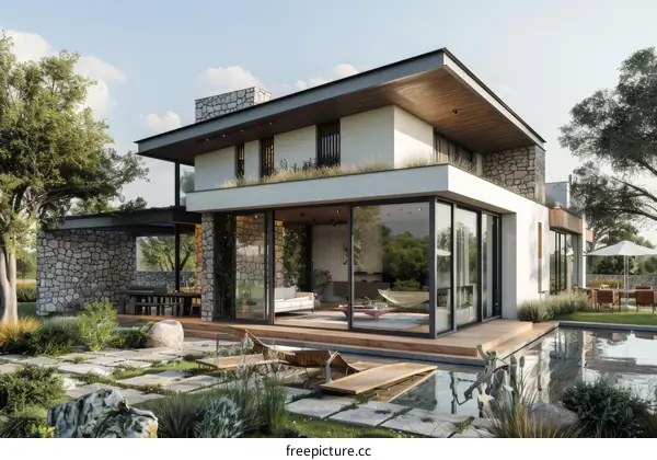 Stunning Modern House Exterior with Swimming Pool and Landscape