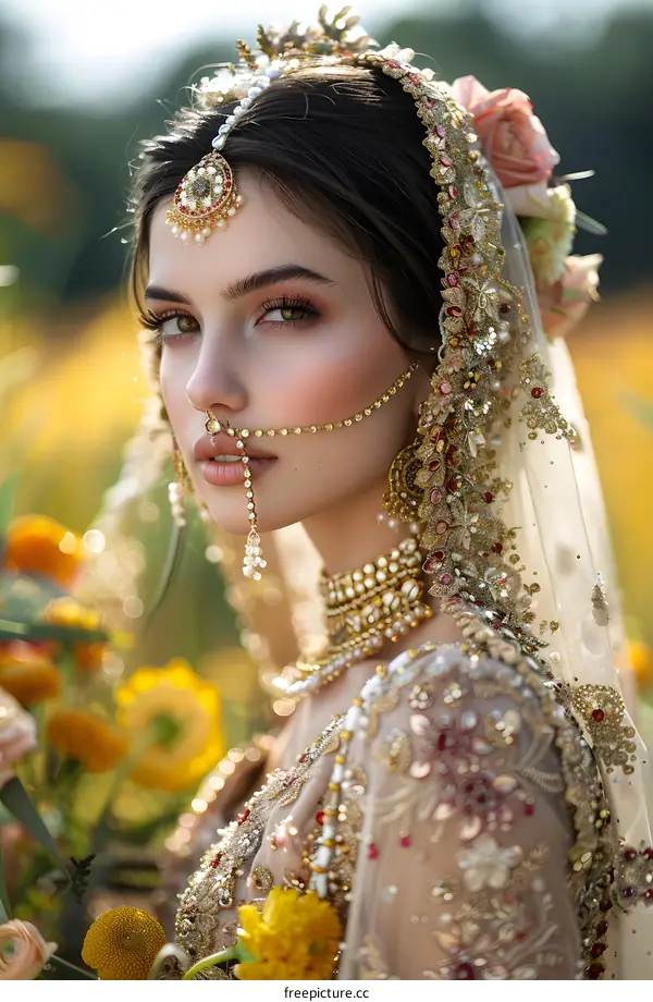 A beautiful Indian bride in a golden traditional dress