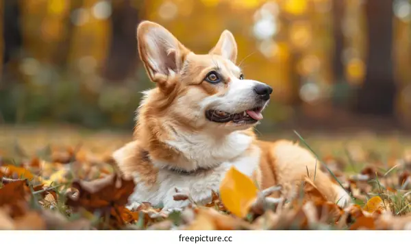 A cute corgi dog lying in the autumn leaves