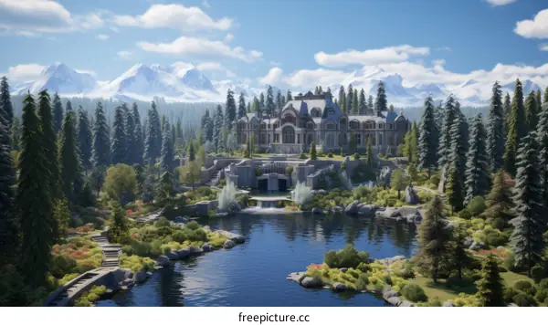 A magnificent mansion with a beautiful landscape