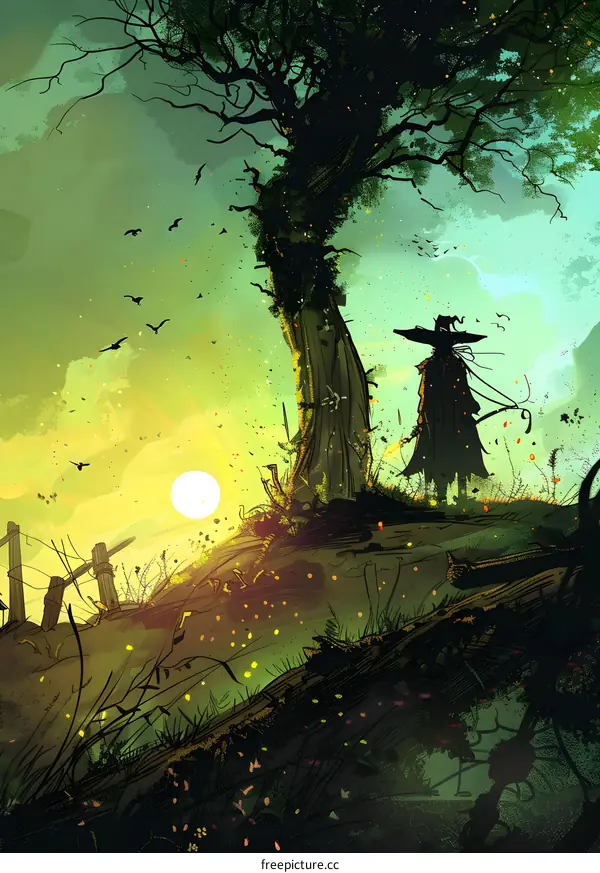 Silhouette of a Man in a Hat Standing Under a Tree