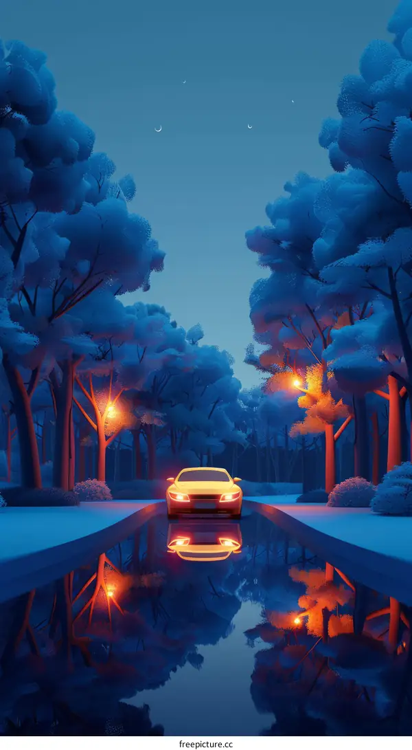 A yellow car drives through a snowy forest at night