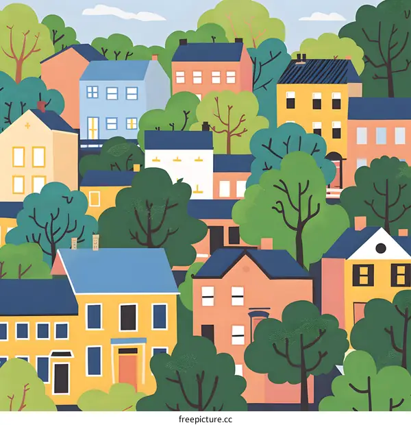 Colorful Houses and Trees Illustration