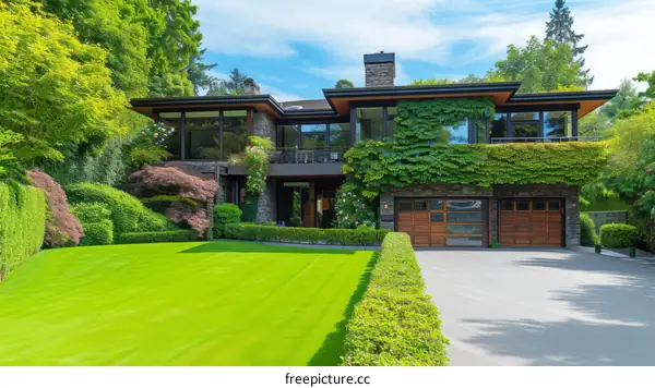 Modern luxury house with green lawn and beautiful landscape