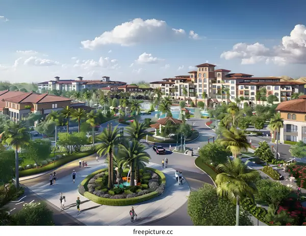 Aerial View of Modern Residential Complex with Fountains and Palm Trees