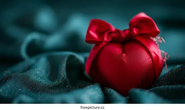 Red Christmas Ornament with Bow on Green Silk