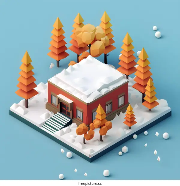 Low Poly Illustration of a Red Building with Snow and Trees in a Winter Scene