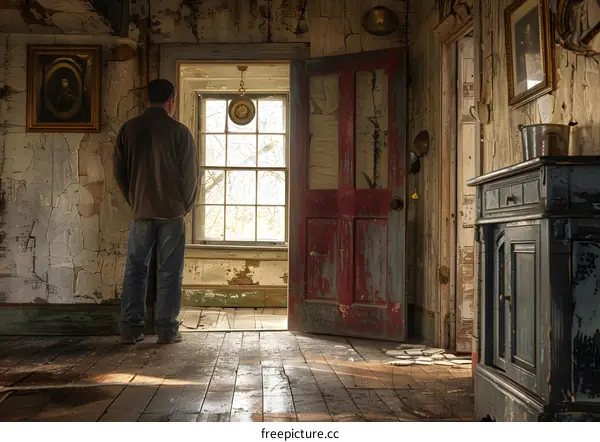 Man Standing in Abandoned House with Peeling Paint
