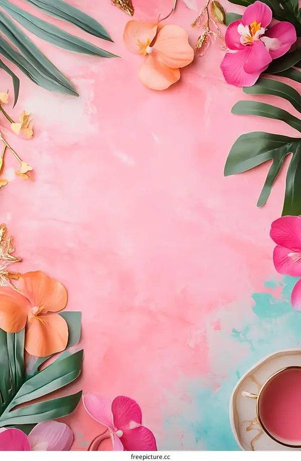 Pink and Green Tropical Floral Background with Tea Cup