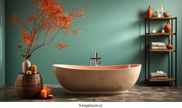 Cozy bathroom interior with a pink bathtub, a green wall, and a tree with red leaves