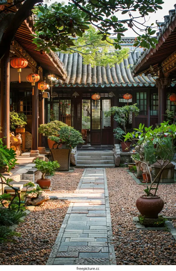 Traditional Chinese Courtyard with Stone Path and Lush Greenery