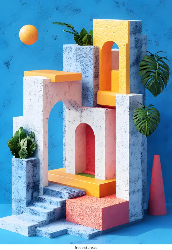 Abstract Architecture with Colorful Shapes and Tropical Plants