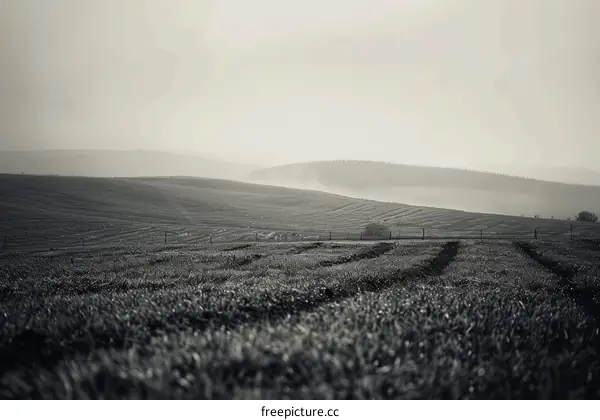 Monochrome Rural Farmland Landscape with Rolling Hills and Lofty Mountains