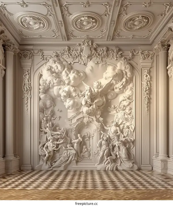 Grand Hall Interior with White and Gold Statues