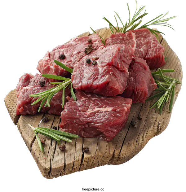 [Transparent Background PNG]Raw Beef Cubes on Wooden Board