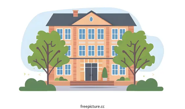 Illustration of a Brown Brick Building with Green Trees