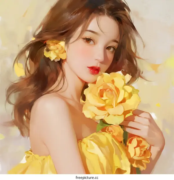 A Young Woman in Yellow Dress Holding Yellow Roses with Soft Lighting