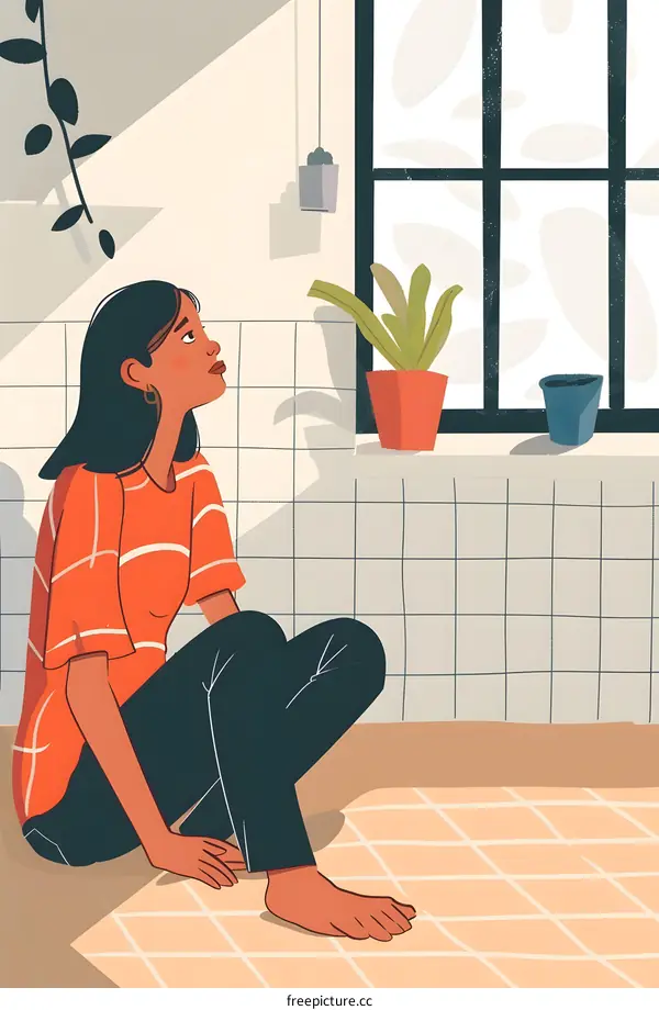 Woman Sitting by Window with Plants Illustration