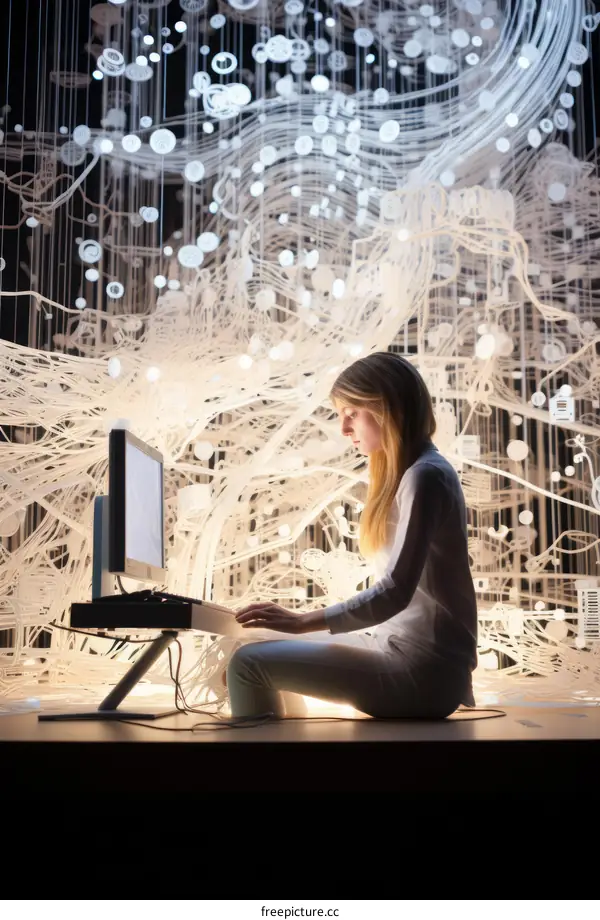 Woman working on a complex network of wires and lights