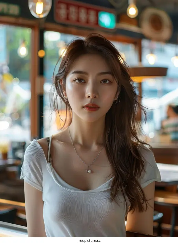 Portrait of a young Asian woman with long brown hair wearing a white shirt