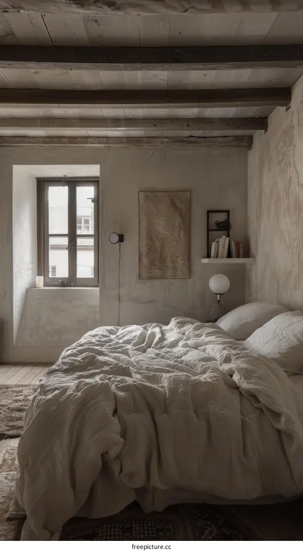 Cozy Modern Bedroom with Bed, Window, and Artwork