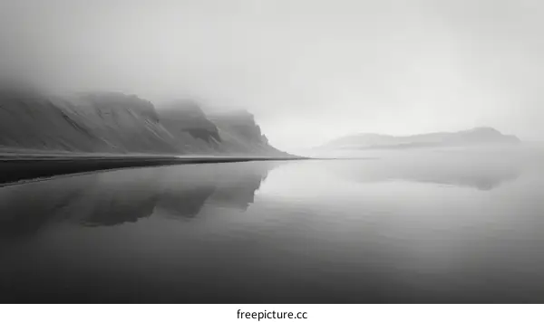 Black and white photo of a foggy lake with mountains in the background