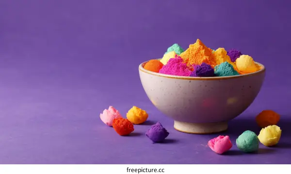 Colorful Holi Powder in a Bowl on Purple Background