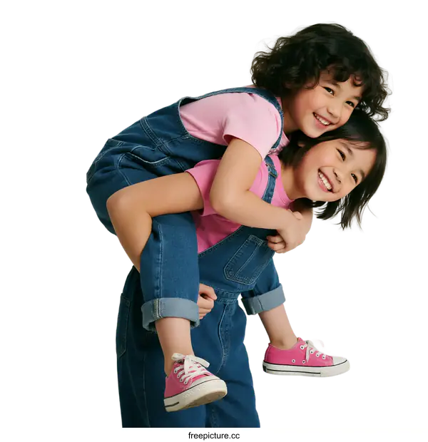 [Transparent Background PNG]Two children having fun with piggyback ride