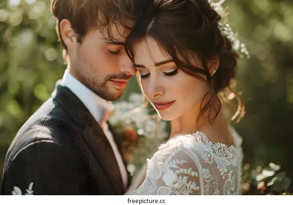 A beautiful bride and groom share a tender moment on their wedding day.