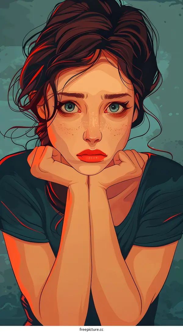 portrait of a sad looking girl with freckles and green eyes