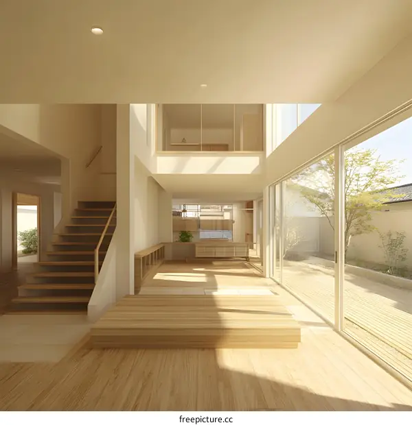Modern Minimalist Home Interior Design with Wooden Stairs and Large Windows
