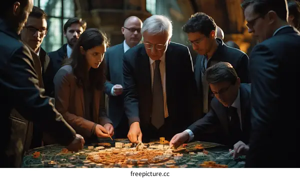 A group of people are gathered around a table, looking at a model of a city.