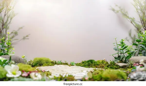 Green Moss and Small Plants on Stone With A White Background