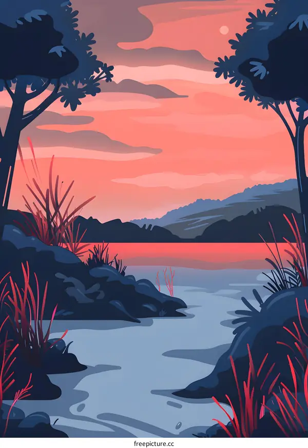 Red Sunset Over a River Landscape