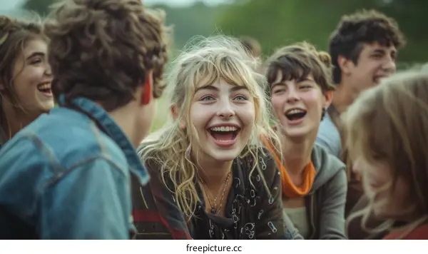 Laughing blonde girl with friends in the background