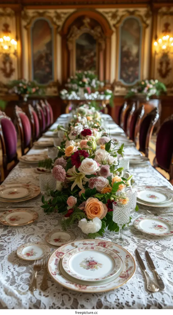 luxurious long table set with fine china and floral centerpiece