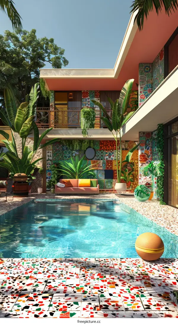 Courtyard with swimming pool and colorful mosaic tiles