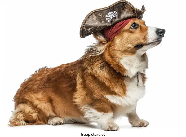 A cute Pembroke Welsh Corgi dog wearing a pirate hat