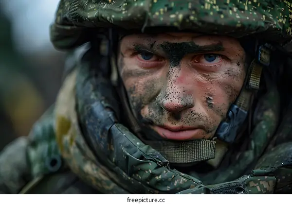 Portrait of a soldier with camouflage on his face