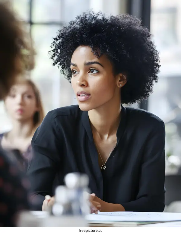 Focused African American Woman Listening to Presentation in Meeting