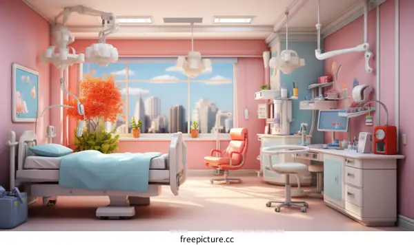 A serene and inviting hospital room with a large window looking out onto a cityscape