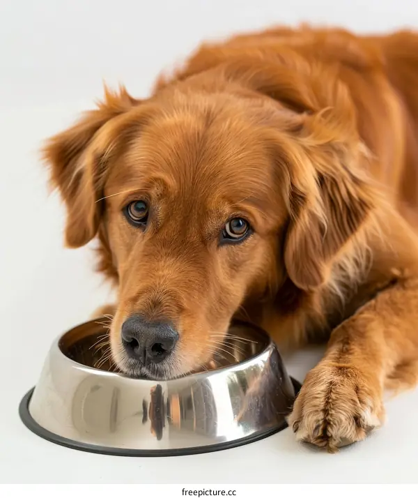 A golden retriever dog lying down with its head resting on a stainless steel bowl