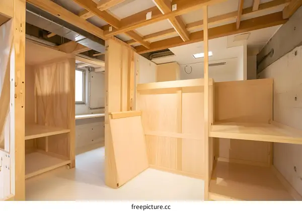 Modern Home Design with Wooden Shelves and Beams