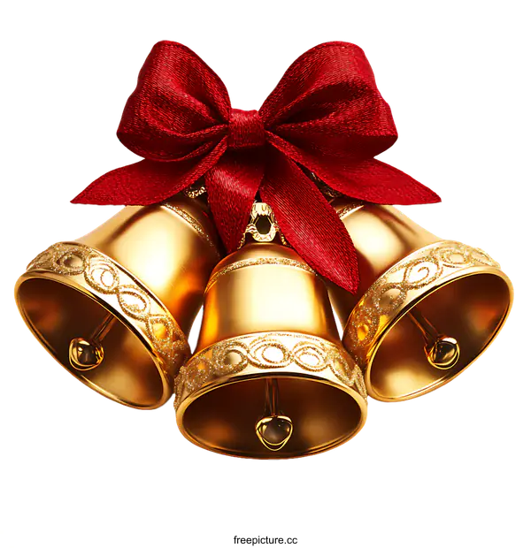 [Transparent Background PNG]Christmas Gold Bells with Red Ribbon