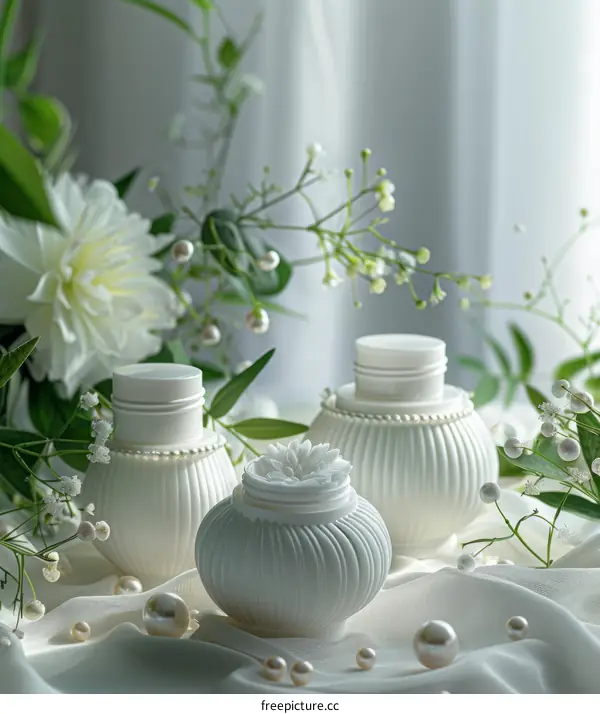 Three elegant white cosmetic jars with flower and pearls