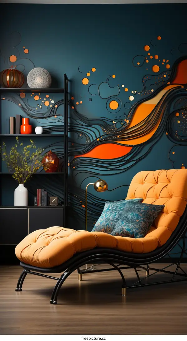 Blue and orange retro style living room interior design